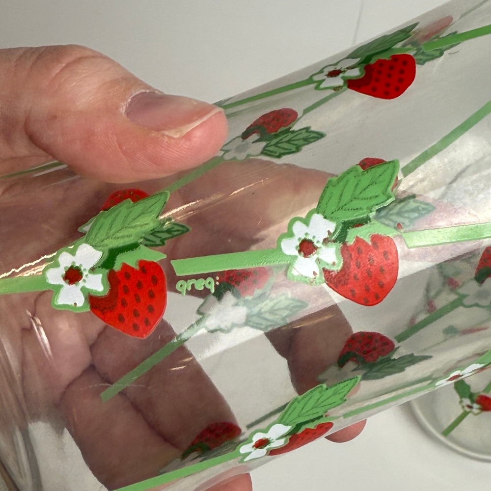 Vintage Greg Flowers Strawberry Vine Glass Tumblers Retro Set of 5 Red Green - Picture 8 of 10